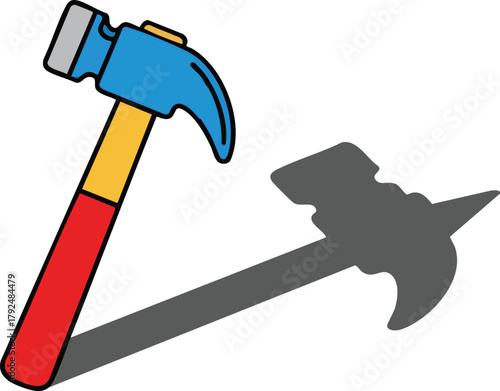 Illustration Of A Blue And Yellow Hammer With A Red Handle Casting A Gray Shadow On A White Background