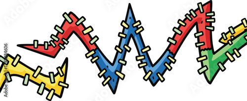 Patchwork Zigzag Line with Colorful Fabric Sections and Stitched Details on White