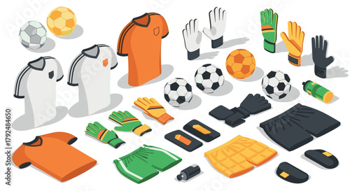 Isometric soccer equipment set with jerseys, gloves, and soccer balls in modern style