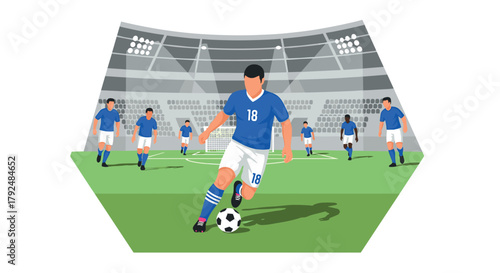 Dynamic soccer game action on field with team players and stadium background