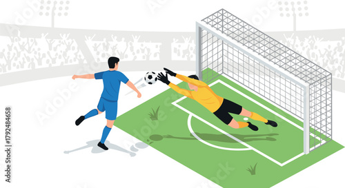 Soccer goalkeeper saving goal attempt in exciting isometric soccer match scene
