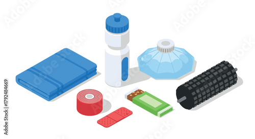 Isometric fitness equipment set featuring bottle and ice pack on white background