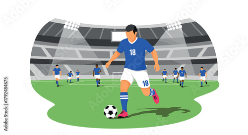 Soccer players in action on the field at night in a stadium