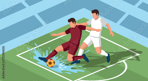 Isometric soccer players in action on a wet field in a stadium