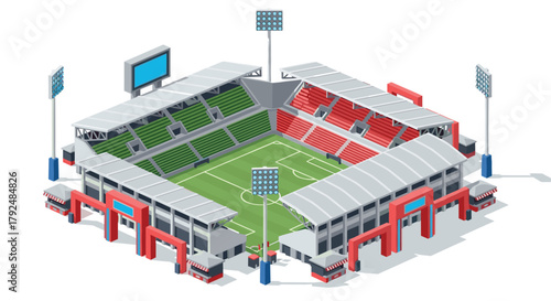 Modern isometric soccer stadium with green field and stands in 3d design