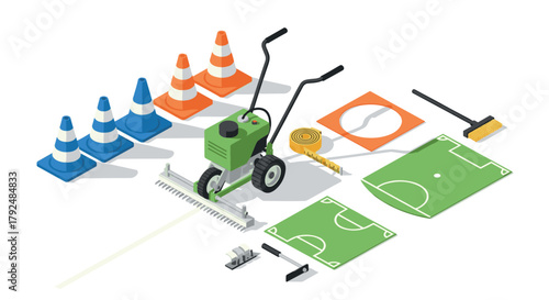 Isometric soccer field maintenance equipment including line marking machine and safety cones