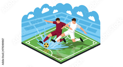 Dynamic isometric soccer match: players competing on vibrant field