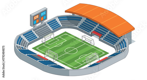 Modern isometric soccer stadium with colorful stands and scoreboard