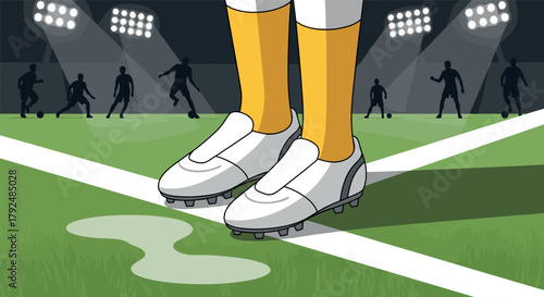 Soccer players silhouette in stadium with close-up of yellow socks and white cleats