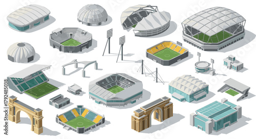 Isometric stadium collection featuring iconic arena designs and modern sports facilities