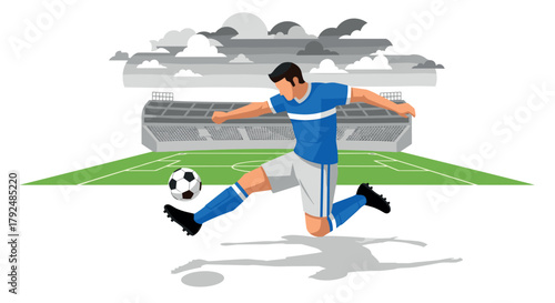 Soccer player in mid-air kick on field with stadium background and dramatic clouds