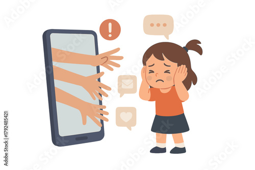Young child distressed by multiple hands reaching from a smartphone screen symbolizing online harassment