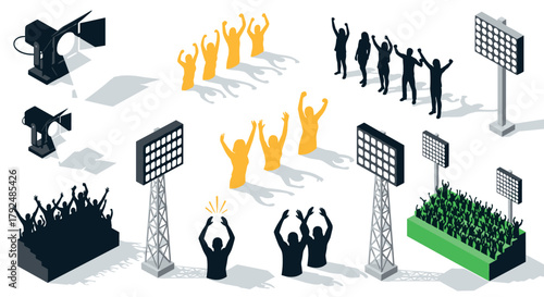 Isometric crowd and stage lighting: concert and event elements