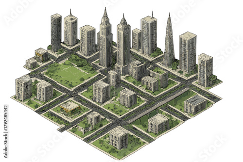 Isometric city map layout with skyscrapers, urban blocks, streets, and green parks
