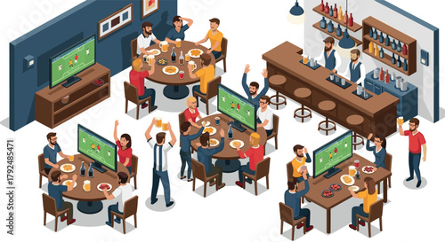 Lively sports bar scene with enthusiastic fans watching soccer in isometric style
