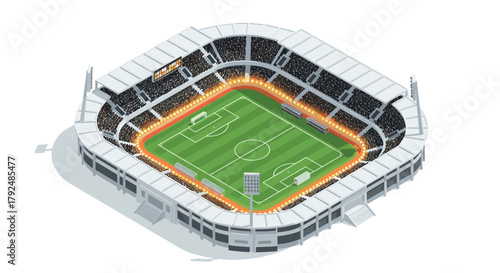 Modern sports arena with illuminated soccer field in detailed isometric design
