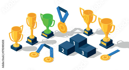 Isometric trophy and medal collection with podium for award ceremony design