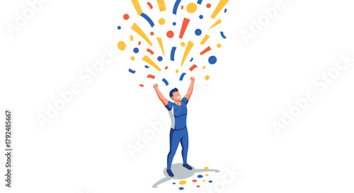 Celebratory person with colorful confetti in joyful isometric design