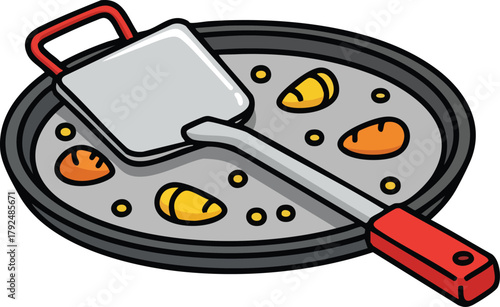 A Stylized Illustration Of A Paella Pan With Food And A Spatula During Cooking