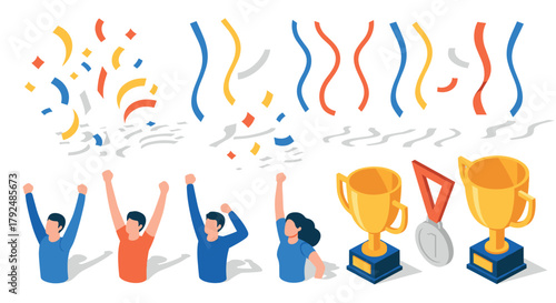 Isometric celebration scene with trophies, medals, and diverse characters