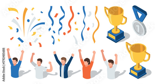 Celebration festivities with victory trophies and enthusiastic crowd in isometric style