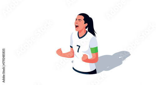 Female soccer player celebrating victory in dynamic pose on white background