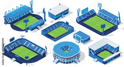 Isometric soccer stadium collection featuring various stadium designs in blue and green