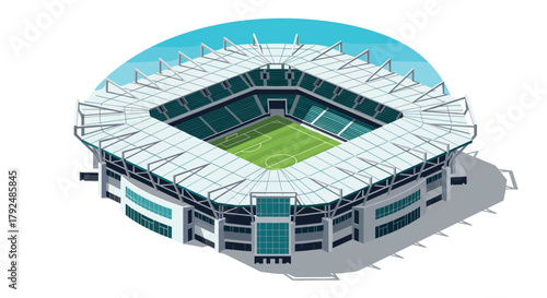 Modern isometric football stadium with open roof and detailed seating arrangement