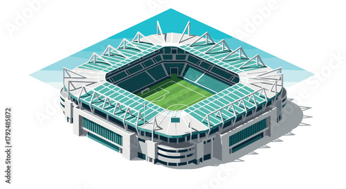Modern isometric soccer stadium design with geometric architecture and clean aesthetic