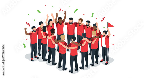 Diverse team celebration in isometric style with confetti and enthusiasm
