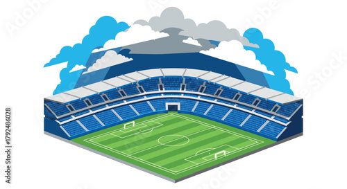 Modern isometric soccer stadium with green field and blue seating under cloudy sky