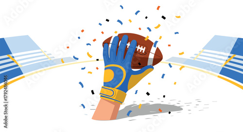 Football celebration with gloved hand holding ball amidst confetti in stadium
