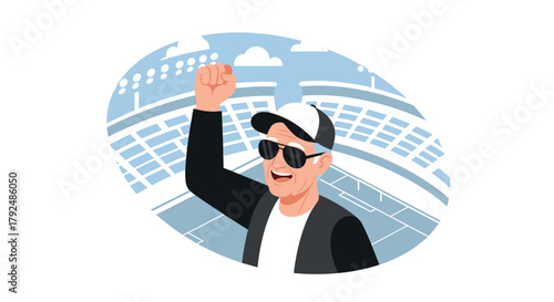 Cheerful sport fan in stadium celebrating victory in cartoon style art