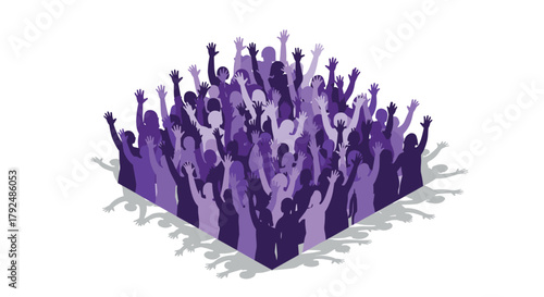 Abstract silhouette of diverse group with raised hands in geometric formation