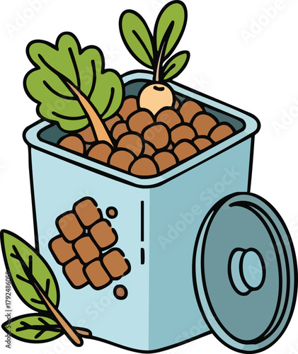 Light Blue Square Container Filled With Brown Pellets And Green Leaves On White Background