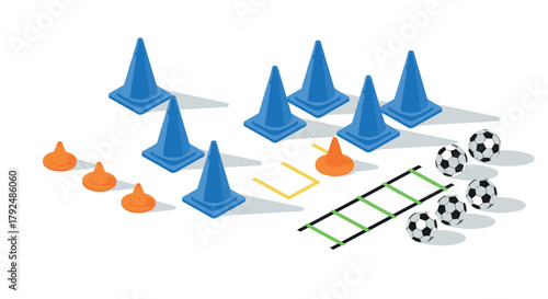 Isometric training equipment with cones, balls, and ladder for sports practice