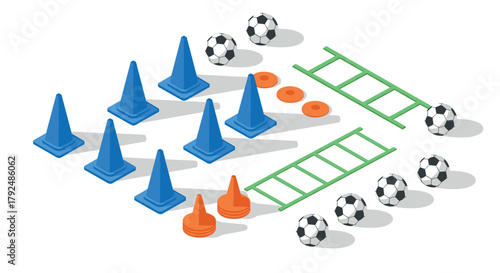 Isometric soccer training equipment with cones, ladders, and balls on white background