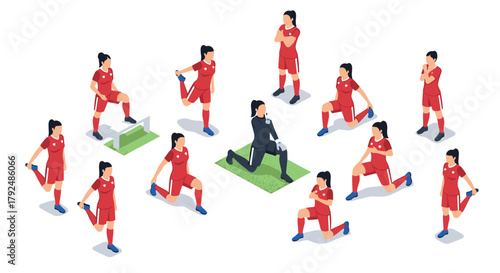 Isometric female soccer team meeting coach on sports field