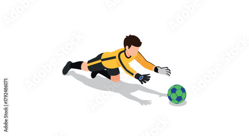 Isometric soccer goalkeeper diving for ball in action