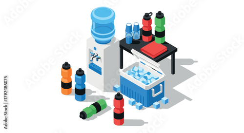 Isometric office refreshment station with water cooler and ice box