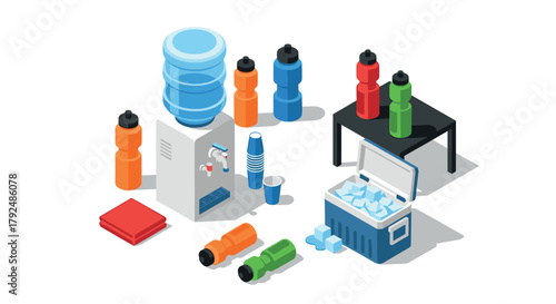 Isometric office hydration station with water cooler and sports bottles