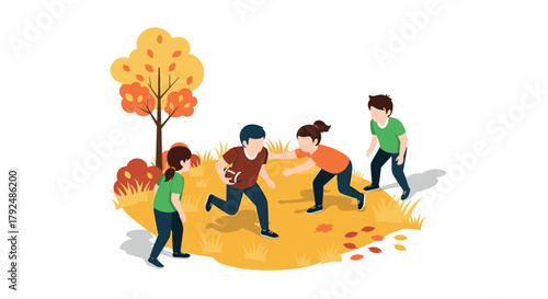 Isometric kids playing tag in autumn park with colorful foliage