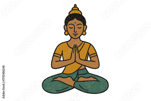 Traditional Indian woman meditating in lotus pose with hands in Namaste gesture
