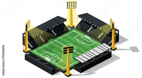 Modern isometric soccer stadium with bright floodlights and detailed seating