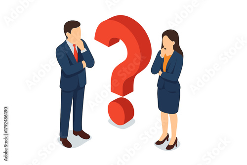 Business professionals contemplating a large red question mark symbolizing a problem