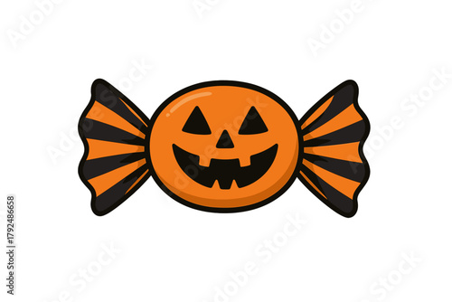 Cute Halloween candy with pumpkin face and striped wrapper design for trick or treat