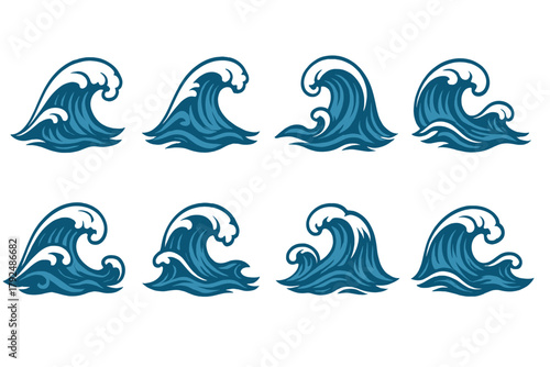 Eight stylized dynamic ocean waves cresting and curling water movement symbols