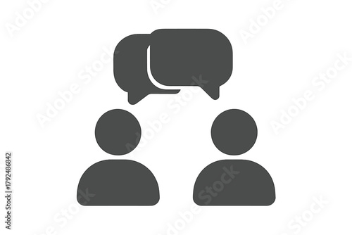Minimalist graphic showing two abstract user profiles communicating via speech bubbles