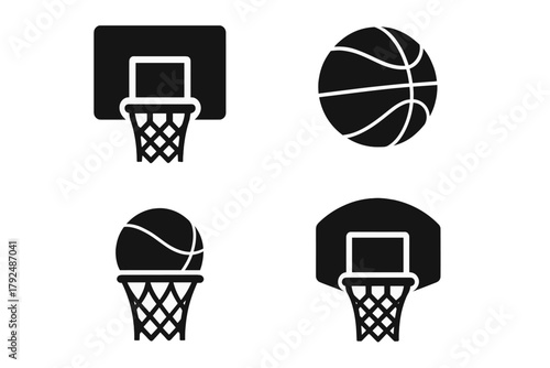 Minimalist black silhouette icons of basketball hoops nets backboards and ball