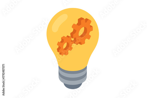 Isometric lightbulb with interlocking gears symbolizing creative thinking and mechanical process
